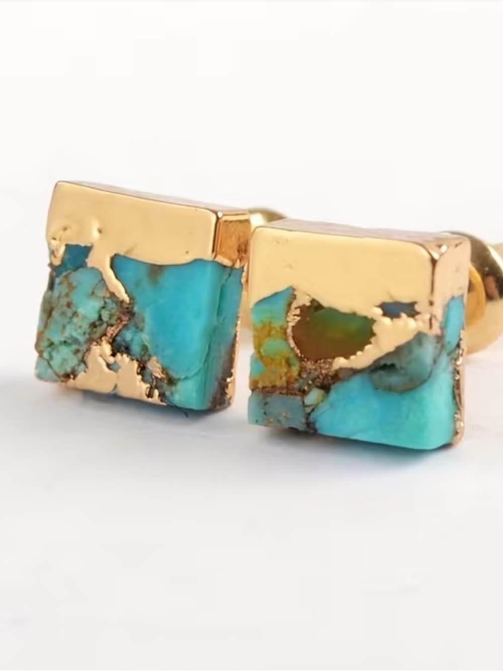 Golden Turquoise Stone Square Stud Earrings NEW